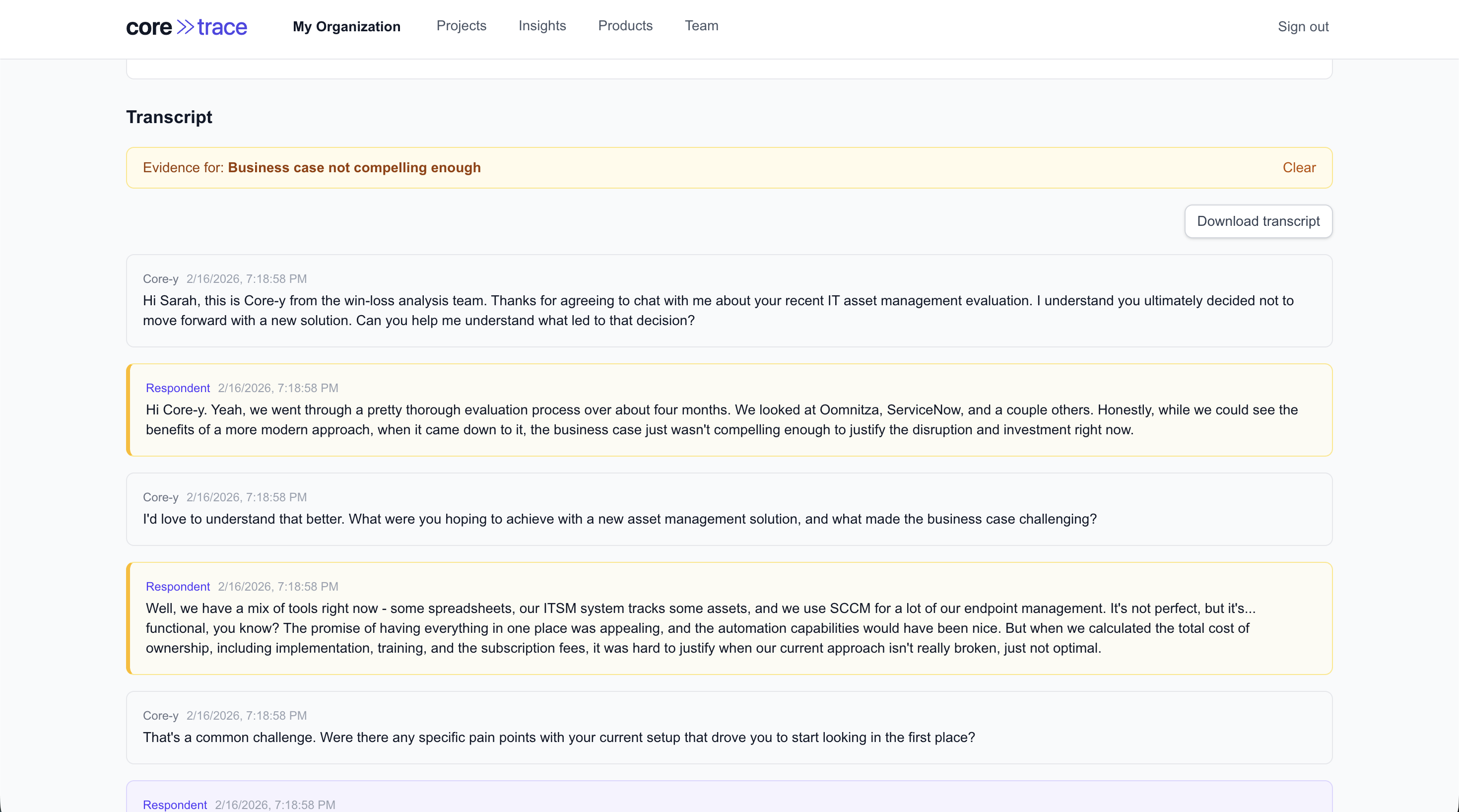 Transcript with evidence highlighting linking insights to source quotes