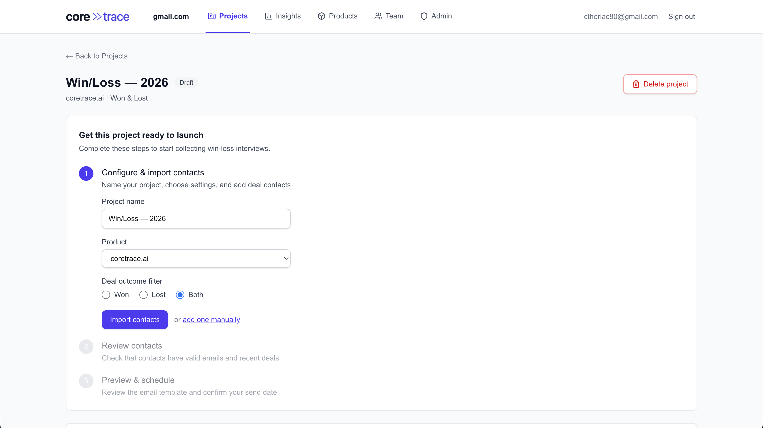 CSV contact import interface showing name, email, and outcome columns