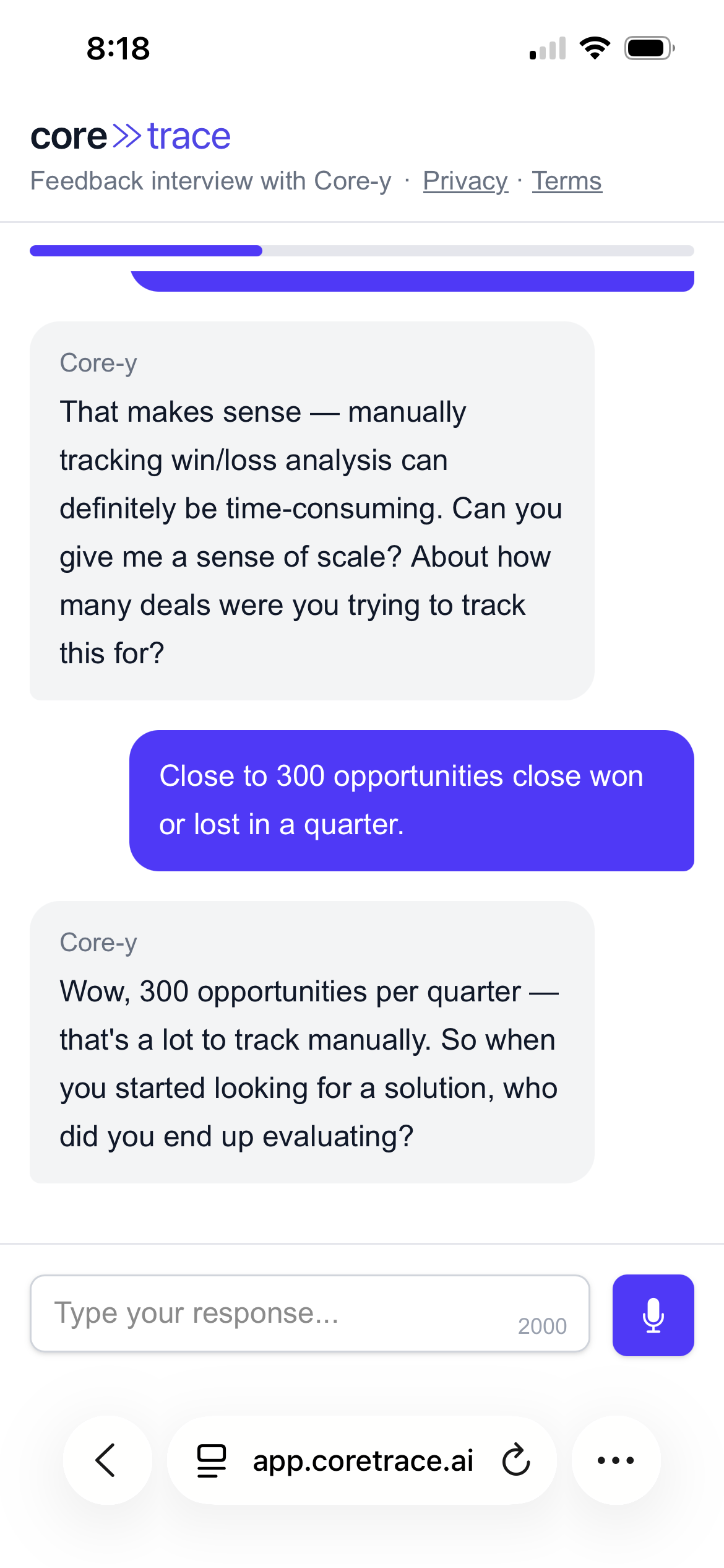 AI interview conversation on mobile showing adaptive follow-up questions